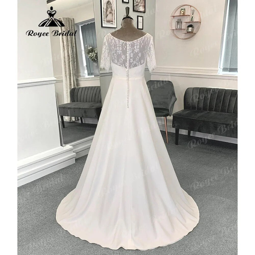 Robe Mariee A Line Boho Lace Bodice Soft Satin Wedding Gown with Short Sleeve 2024 Bridal Wedding Dress vestido de noiva simples