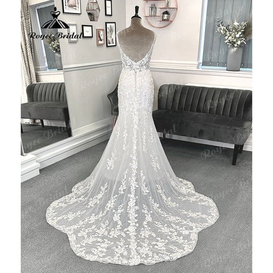 Robe Mariee Plunging Deep V Neck Backless Lace Mermaid Wedding Gown for Bride 2024 Spaghetti Straps Wedding Dress vestidos Sexy