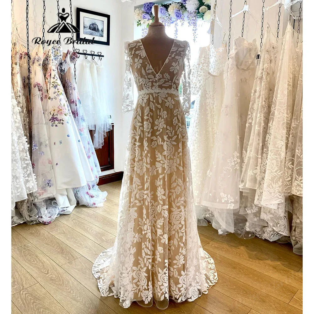 Robe Mariee Three Quarter Sleeve Full Lace A Line Boho Women Wedding Dress with V Neck 2025 Bridal Gown abito da sposa Summer