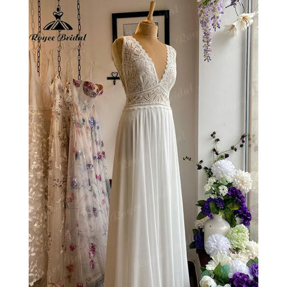 Robe Summer Lace Bodice Chiffon Boho V Neck Wedding Dress for Women 2024 Bridal Gown Custom Made vestido de novia Roycebridal