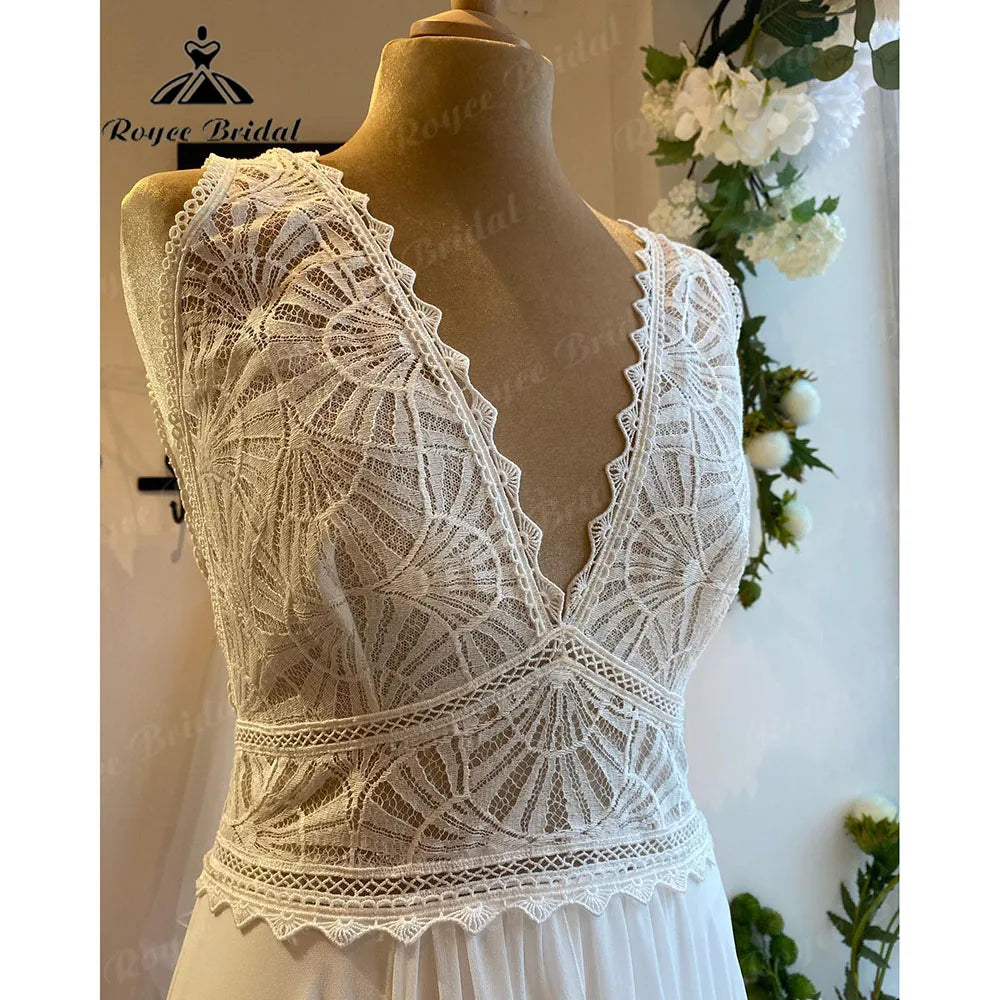 Robe Summer Lace Bodice Chiffon Boho V Neck Wedding Dress for Women 2024 Bridal Gown Custom Made vestido de novia Roycebridal