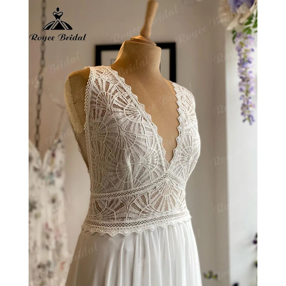 Robe Summer Lace Bodice Chiffon Boho V Neck Wedding Dress for Women 2024 Bridal Gown Custom Made vestido de novia Roycebridal