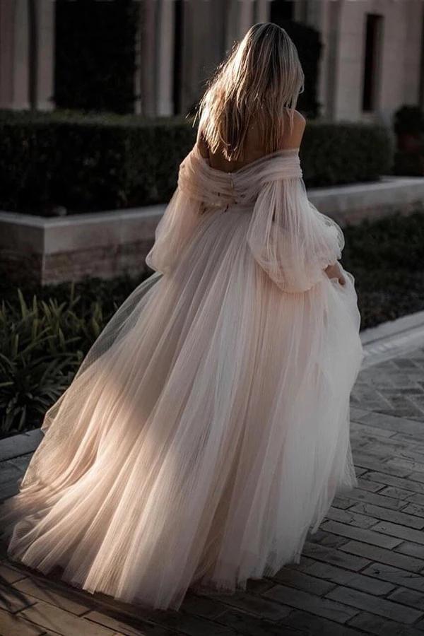 Romantic Backless Beach Wedding Dresses With Sleeves, Bridal Dress, MW525 | long wedding dresses | bridal gowns | bridal dresses | tulle wedding dresses | simple wedding dresses | www.musebridals.com