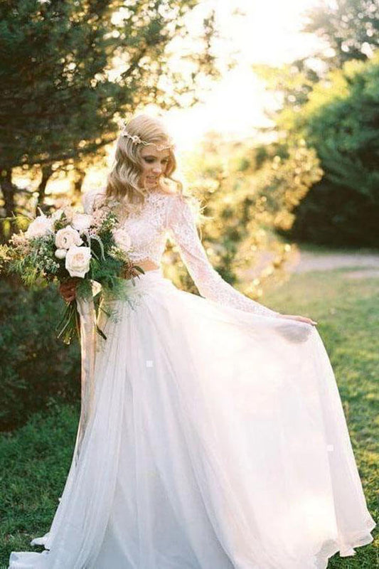 Romantic Ivory Chiffon Two Piece Long Sleeves Wedding Dresses with Lace, MW521 | long sleeves wedding dresses | cheap wedding dresses | bridal gowns | bridal dresses | two piece wedding dress | www.musebridals.com