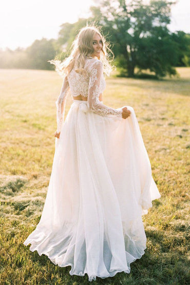 Romantic Ivory Chiffon Two Piece Long Sleeves Wedding Dresses with Lace, MW521 | lace wedding dresses | ivory wedding dresses | beach wedding dresses | www.musebridals.com