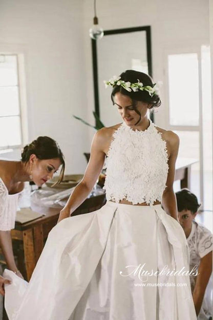 Romantic Lace Top Two Piece Halter Wedding Dresses, Bridal Gown, MW981 | two piece wedding dress | simple wedding dress | bridal gown | musebridals.com