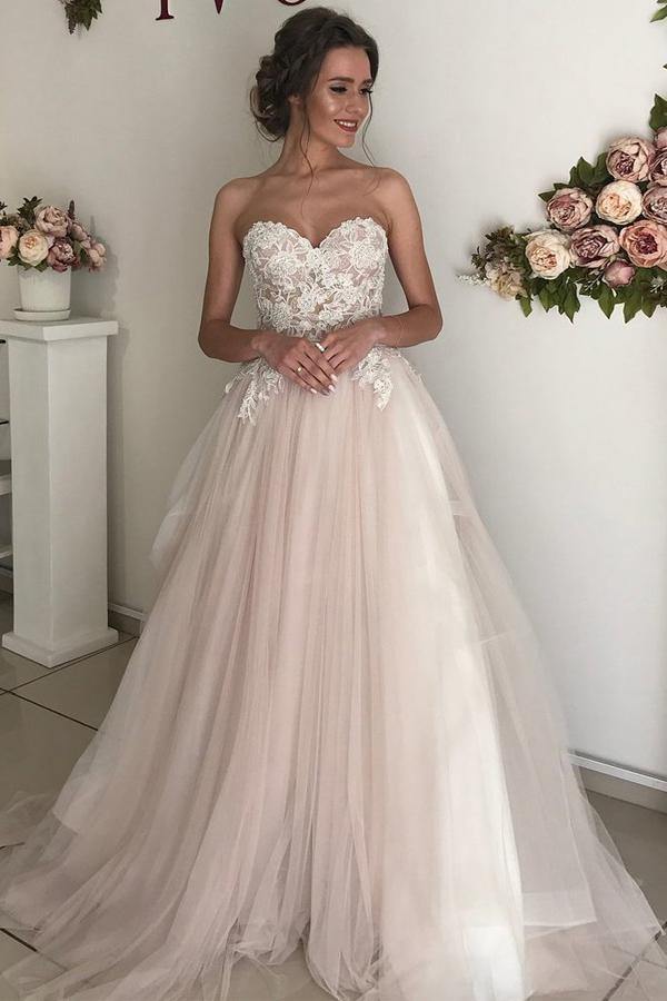 Romantic Tulle Lace A-Line Sweetheart Boho Wedding Dresses, Bridal Gown, MW700 | tulle a line wedding dress | cheap wedding dresses | vintage prom dress | www.musebridals.com