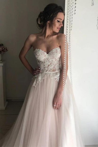 Romantic Tulle Lace A-Line Sweetheart Boho Wedding Dresses, Bridal Gown, MW700 | blush wedding dresses | lace wedding gown | boho wedding dress | www.musebridals.com