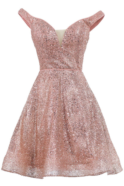 Sleeveless V Neck A Line Off The Shoulder Sequins Short Homecoming Dresses