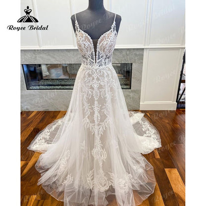 Roycebridal Roycebridal A Line Tulle Wedding Dress Spaghetti Straps Women 2025 Sexy Bridal Boho Beach Wedding Gowns Lace Open Back robe