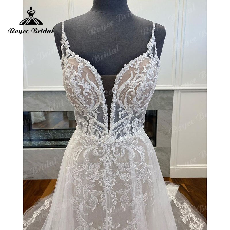 Roycebridal Roycebridal A Line Tulle Wedding Dress Spaghetti Straps Women 2025 Sexy Bridal Boho Beach Wedding Gowns Lace Open Back robe