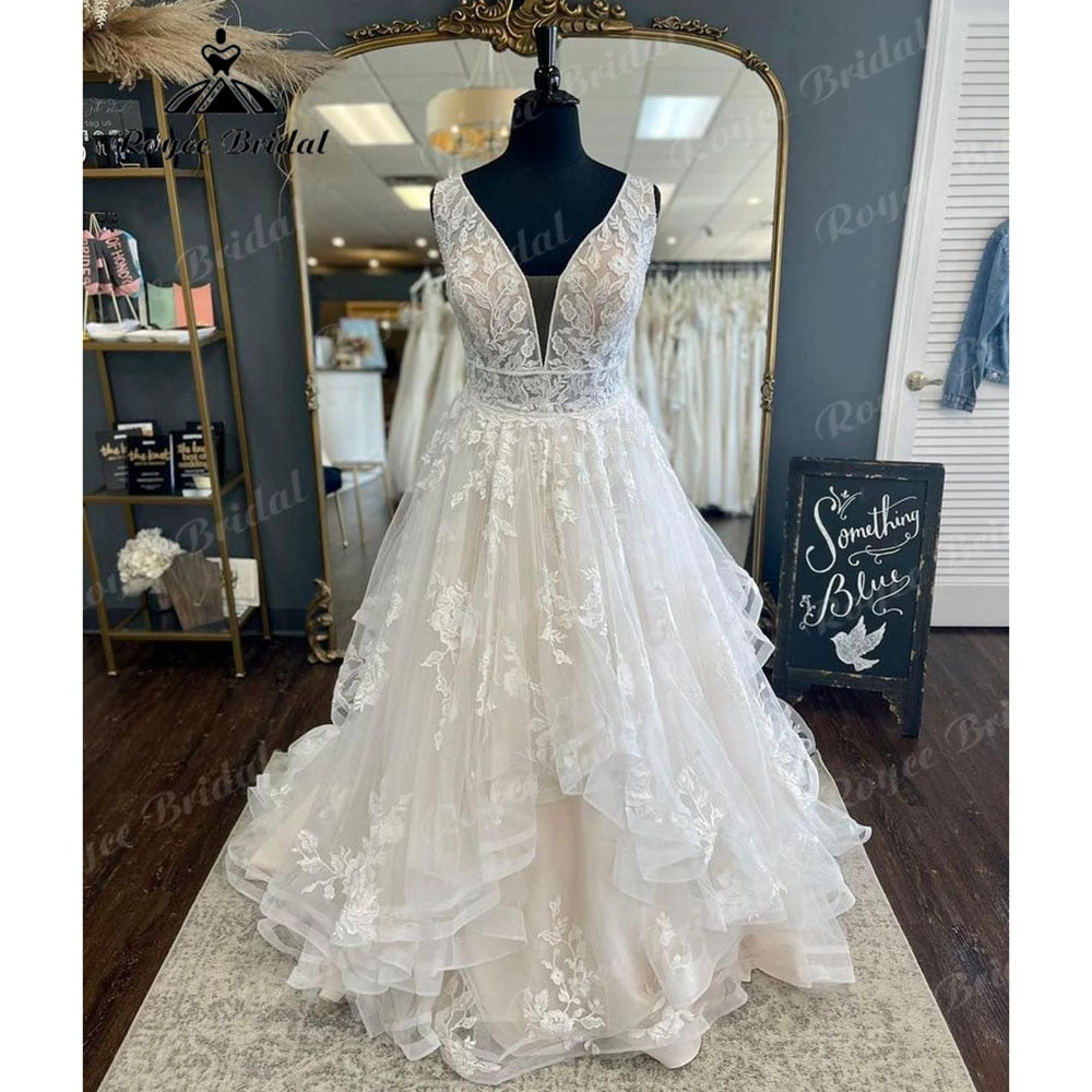 Roycebridal Roycebridal Plus Size V Neck Lace Appliques Princess Wedding Dress Backless 2025 Bridal Gown robe soirée mariage Sleeveless