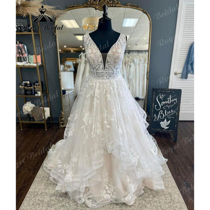 Roycebridal Plus Size V Neck Lace Appliques Princess Wedding Dress Backless 2025 Bridal Gown robe soirée mariage Sleeveless