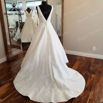 Roycebridal Roycebridal Satin V Neck Sleeveless Simple Wedding Dress Open Back 2025 Ball Gown Bridal Wedding Women robe de mariée Elegant