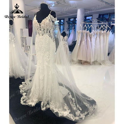 Roycebridal Roycebridal V Neck Spaghetti Straps Mermaid Wedding Dress with Shawl Appliques Lace Tulle Court Train Backless Bridal Gowns 2025