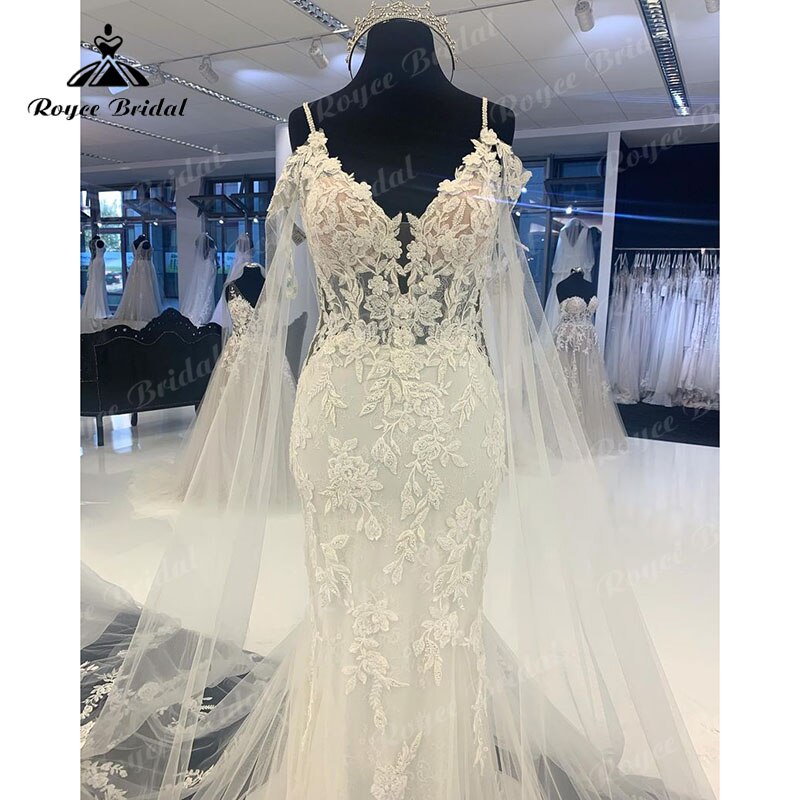 Roycebridal Roycebridal V Neck Spaghetti Straps Mermaid Wedding Dress with Shawl Appliques Lace Tulle Court Train Backless Bridal Gowns 2025