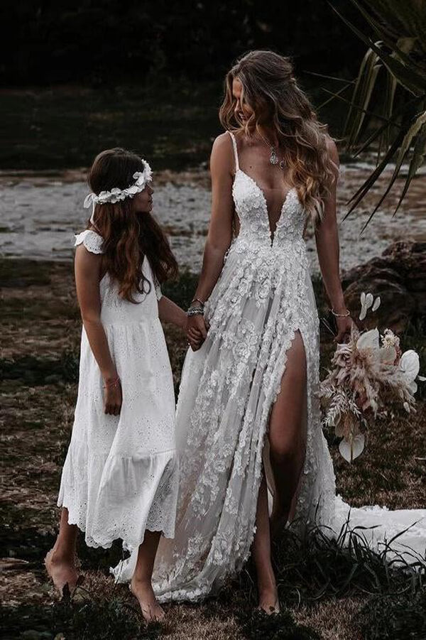 Rustic A-line V-neck Side Slit Lace Beach Wedding Dresses, Bridal Gown, MW645 | beach wedding dresses | lace wedding dresses | wedding gown | www.musebridals.com