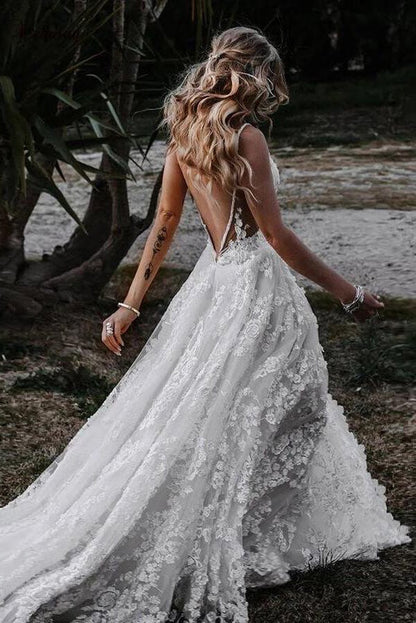 Rustic A-line V-neck Side Slit Lace Beach Wedding Dresses, Bridal Gown, MW645 | lace wedding dress | beach wedding dresses online | cheap lace wedding dresses | www.musebridals.com