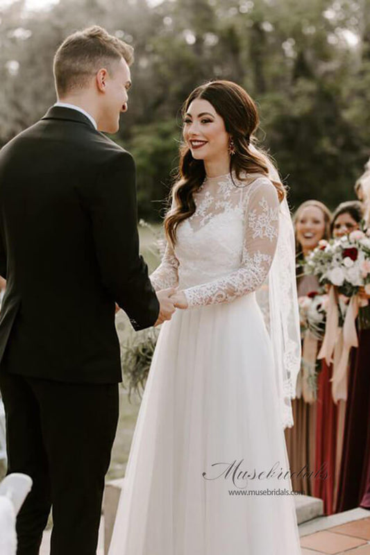 Rustic Bohemian Lace Illusion Neckline Long Sleeves Wedding Dresses, MW547 | wedding dress | cheap lace wedding dress | long sleeves wedding dress | www.musebridals.com