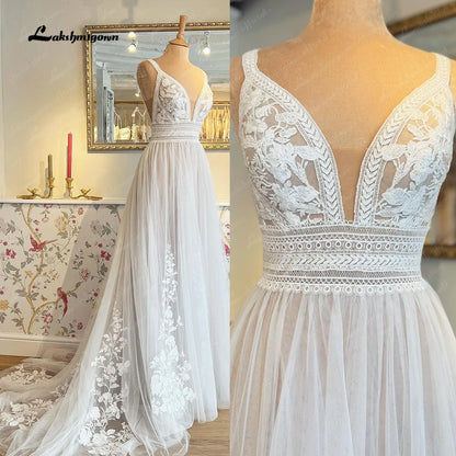 Roycebridal V Neck Lace Appliques Boho Wedding Dress for Women Hochzeitskleid Robe Civil Boho Bridal Gown Vestido Novia