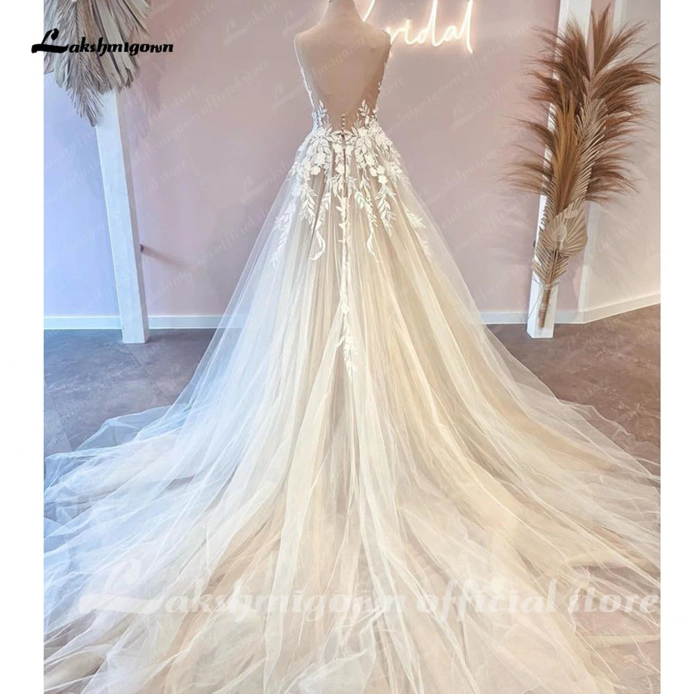 Roycebridal Princess Floral Lace Wedding Dresses For Women Champagne Civil Boho Wedding Gowns Vestido De Novia Court Train