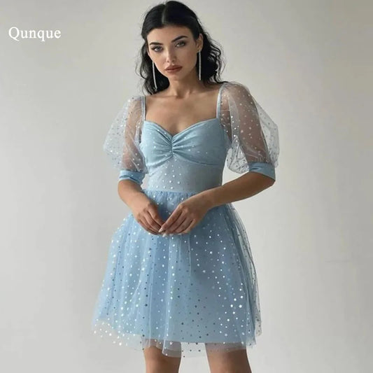 Qunque Sky Blue Star Tulle Homecoming Dresses Cap Sleeves Above Knee Illusion Cocktail Dresses Vestidos De Novia Party Dress