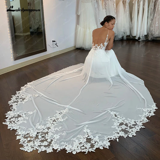 Roycebridal Ivory Lace Appliques Chiffon Floor-Length A-Line Wedding Dresses Chapel Train Custom Made V-Neck Bridal Gown