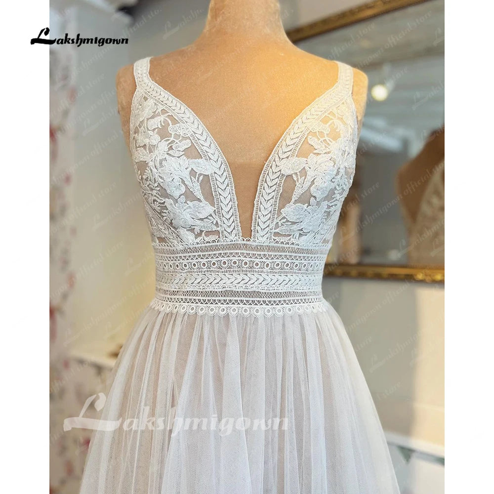 Roycebridal V Neck Lace Appliques Boho Wedding Dress for Women Hochzeitskleid Robe Civil Boho Bridal Gown Vestido Novia