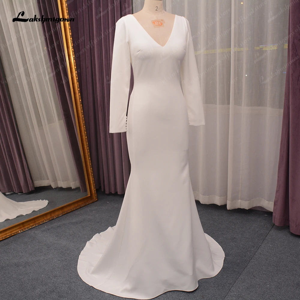 Roycebridal Simple Lpng Sleeves Wedding Dress for Women V Neckline 2024 Robe Mariage Civil Crepe Bridal Gown Brautkleid