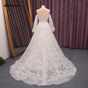 Roycebridal Off Shoulder Fulll Lace Wedding Dress Women  Fuffy Longe Sleeves Beach Bridal Gown Robe de mariee