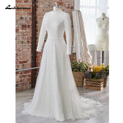 Roycebridal Princess Long Sleeves Pearls Wedding Dress for women 2024 Off White Tulle A Line Bridal Gowns High Neck vestido blan