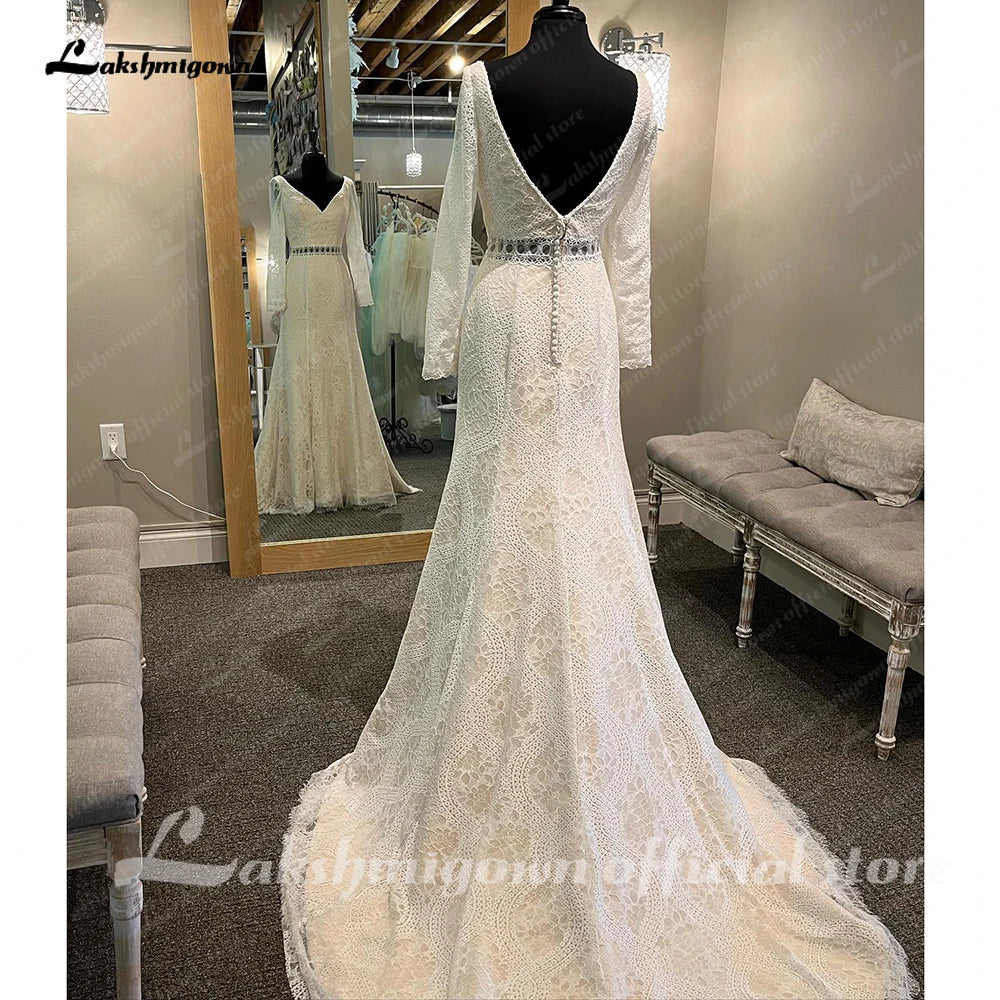 Roycebridal Vintage Long Sleeve Lace Boho Civil Wedding Dress 2024 Bohemian Bridal Wedding Gown Custom Made Vestidos Novia