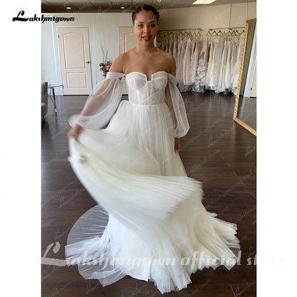 Roycebridal Off the Shoulder Long Sleeves Wedding Dress for Women 2025 Robe Longue Pleat Soft Tulle Bridal Gowns