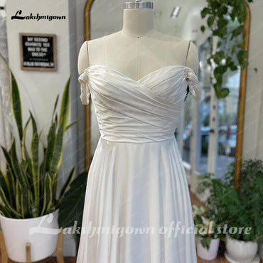 Roycebridal Off Shoulder Soft Satin Pleats Boho Wedding Dress for Women Off White Beach Wedding Reception Dress for Bride