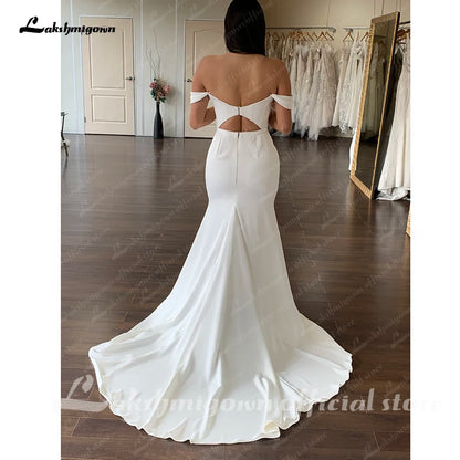 Roycebridal Simple Pleat Mermaid Wedding Dresses 2025 Boat Neck Backless Boho Bridal Gown off white vestido de boda