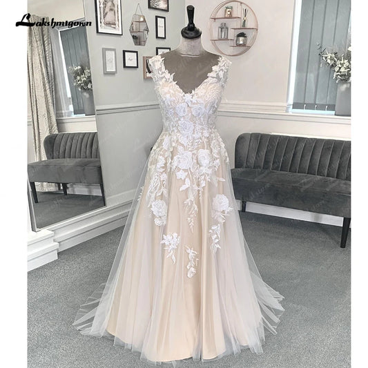 Roycebridal Champagne Beach Formal Wedding Dresses Sweep Train Sleeveless Lace With Appliques 2025 Bridal Gowns