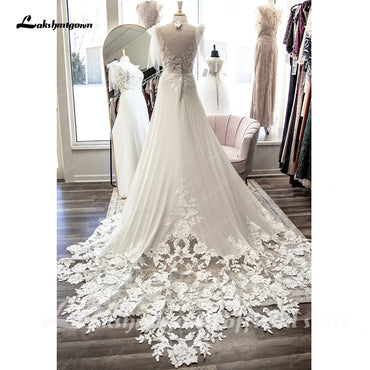 Roycebridal V Neck Lace Appliques A Line Chiffon Open Back Boho Wedding Dress Sleeveless Cut-out trajes de novias largos