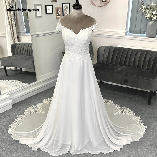 Roycebridal Lace Appliques Boho Chiffon Wedding Dress with Detachable Sleeves Beach Women Civil Bridal  Wedding Gowns