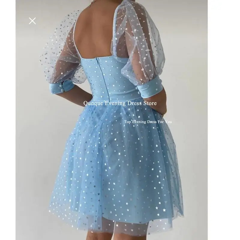 Qunque Sky Blue Star Tulle Homecoming Dresses Cap Sleeves Above Knee Illusion Cocktail Dresses Vestidos De Novia Party Dress