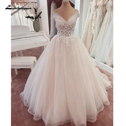 Lakshmigown V Neck Lace Beadings Bridal Off White Wedding Dress with Cap Sleeve 2025 Wedding Gown for Women Robe de mariee