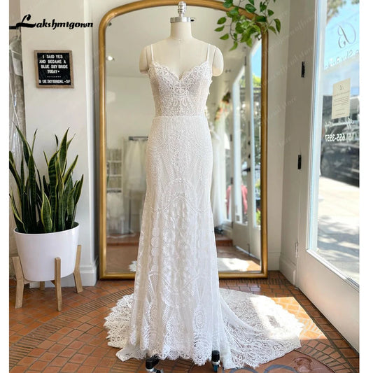 Roycebridal Roycebridal Spaghetti Straps Lace Bobo Mermaid Wedding Dress with V Neck 2024 Modest Robe Mariage Femme Bohemian Bridal Gown