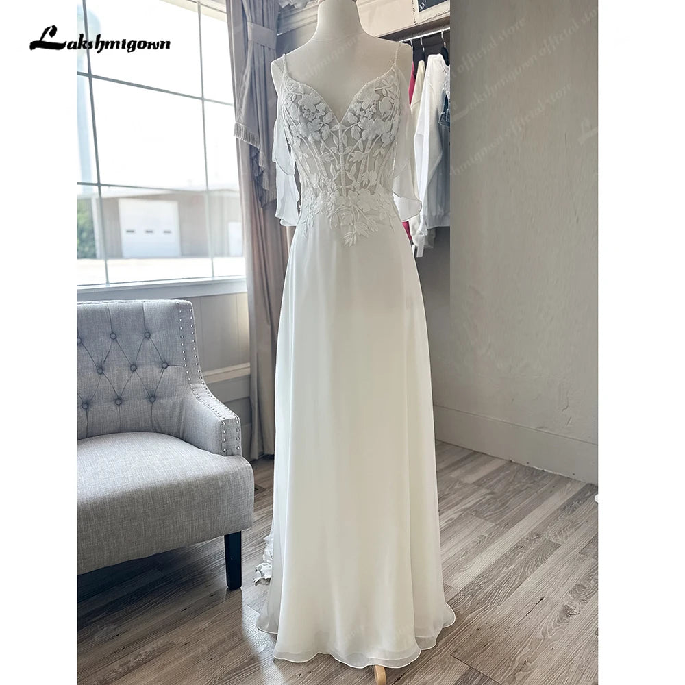 Roycebridal Spaghetti Straps Plunging V Neck Lace Chiffon Country Wedding Dress  2024 Vestido Boda Civil Beach Bridal Gown