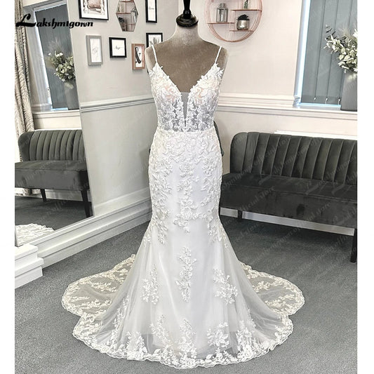 Roycebridal Lace Mermaid Wedding Gowns for Women 2025 Plunging Sexy Bridal Boho Wedding Dresses Cut Out Court Train