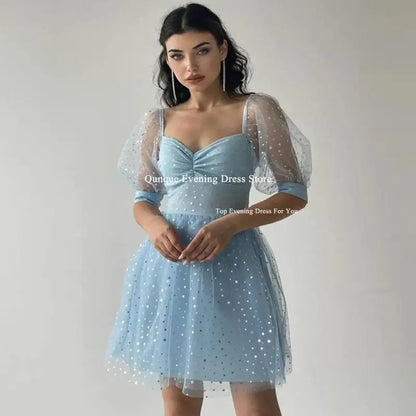 Qunque Sky Blue Star Tulle Homecoming Dresses Cap Sleeves Above Knee Illusion Cocktail Dresses Vestidos De Novia Party Dress