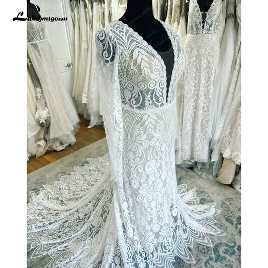 Roycebridal Plunging V Neck Long Sleeves Lace Mermaid Wedding Gowns 2025 Robes Sexy Bridal Boho Beach Wedding Dress Backless