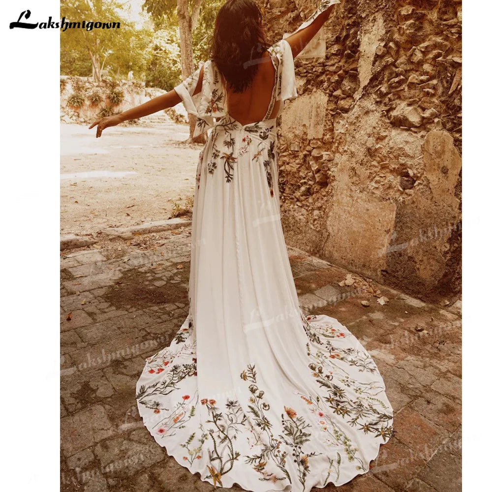 Roycebridal Chic Colorful Embroidery Boho Wedding Dress Sexy V Neck Short Sleeve Open Back Chiffon Beach Bohemia Bridal Gowns