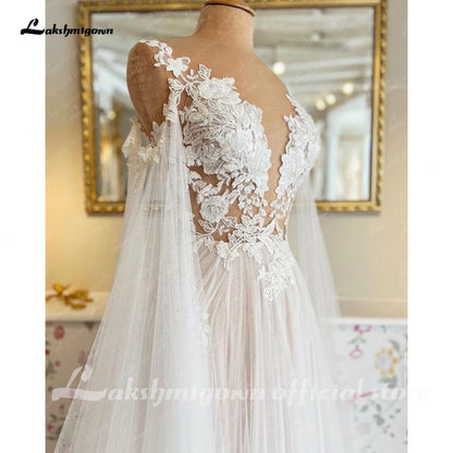 Roycebridal Boho Wedding Dress with Cape Beach Summer 2025 Lace A Line Bridal Gowns V Neck Backless Vestido Verano