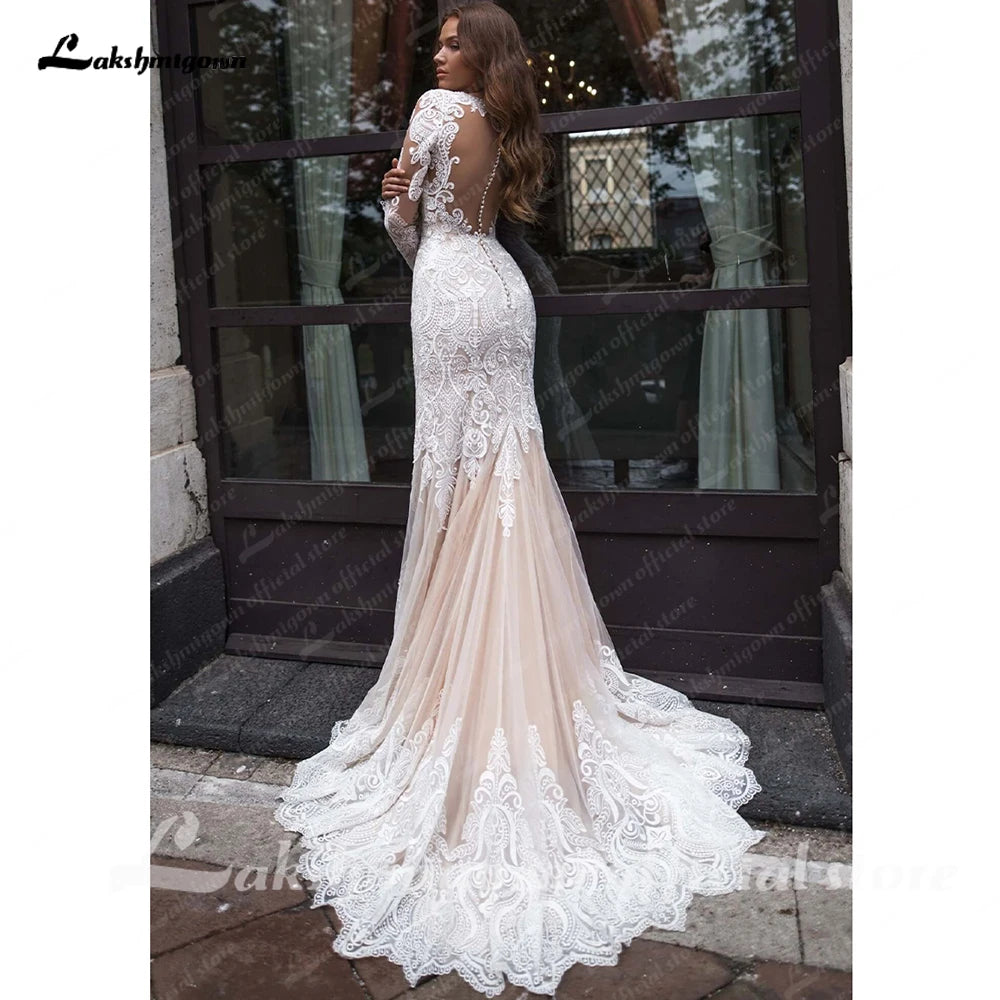 Roycebridal Long Sleeves Mermaid Wedding Dress Champagne Lace Appliques Boho Bridal Gown  vestido para boda playa