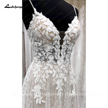 Roycebridal Deep V Neck Lace Floral Wedding Dress for Women 2024 Bridal Gown Champagne Backless Spaghetti Straps abito da sposa