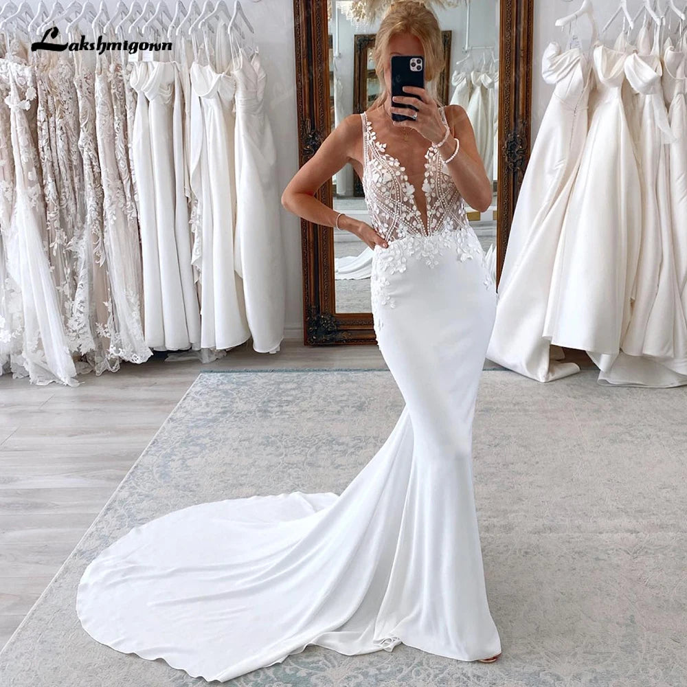 Roycebridal Deep V Crepe Mermaid Wedding Dresses Lace Appliques Vestido Novia Boda Civil Mermaid Wedding Gowns